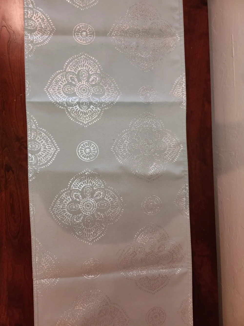Elegant Soft Green 70” Table Runner with Silver Medallions & 5.5” Tassels